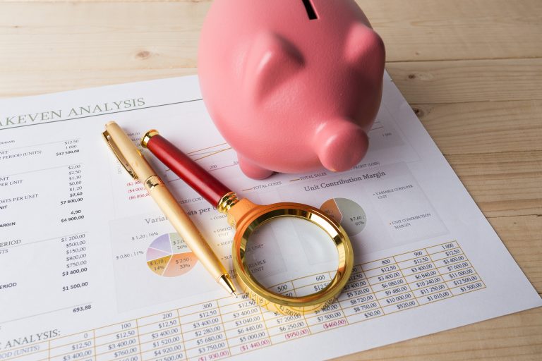 Piggy bank with business reports