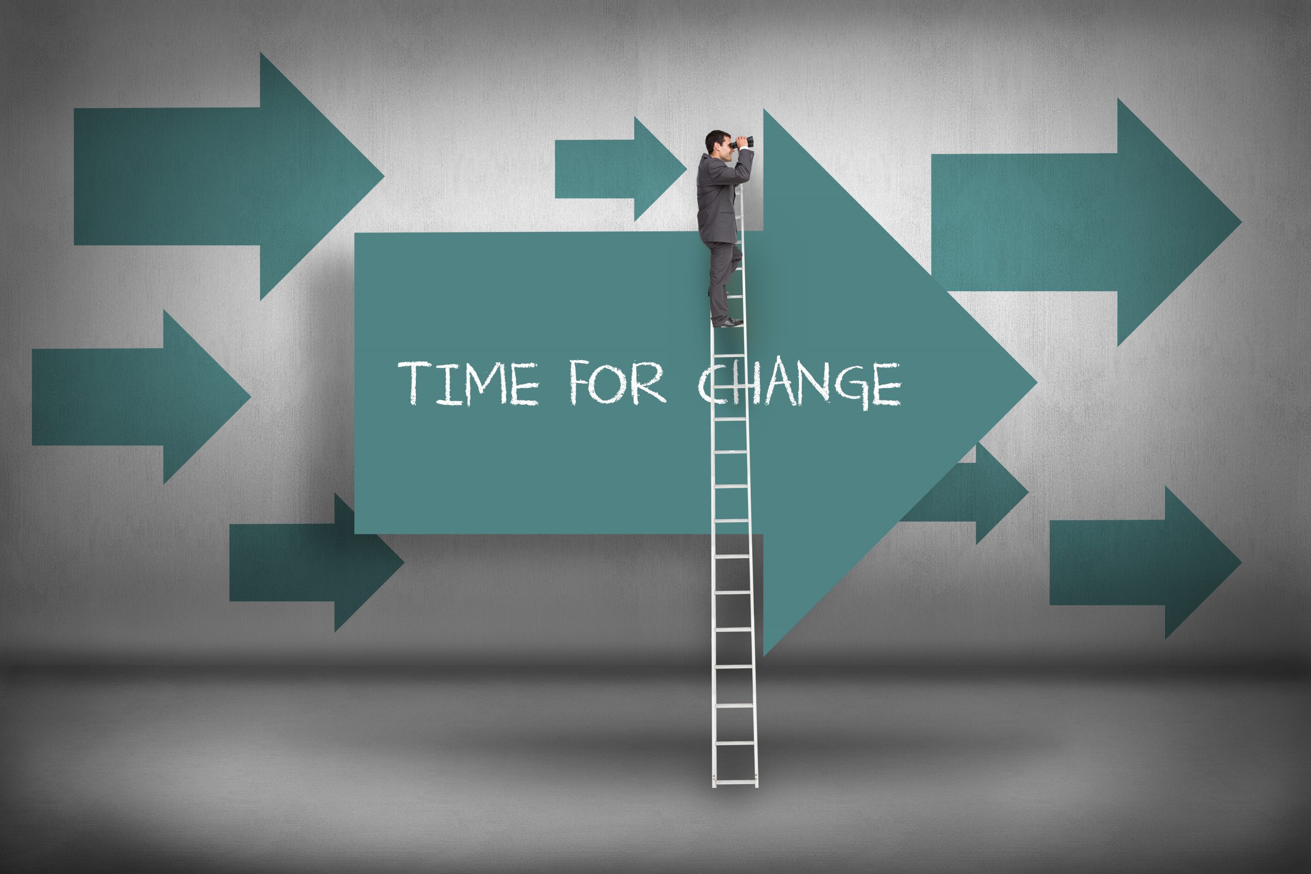 The word time for change and businessman standing on ladder using binoculars against blue arrows pointing